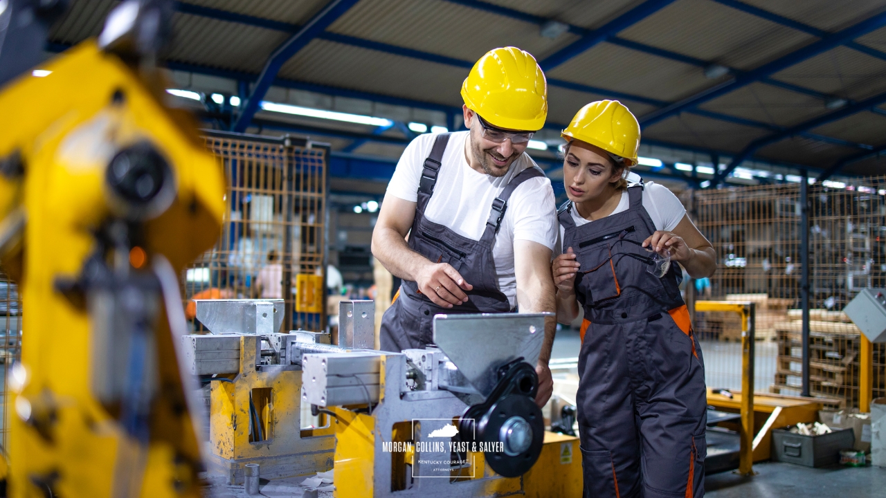factory workers looking over machinery