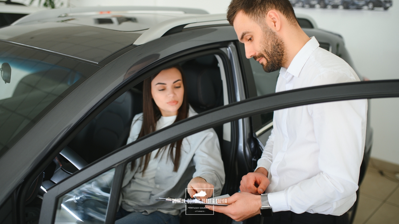people reviewing rental documents in a car