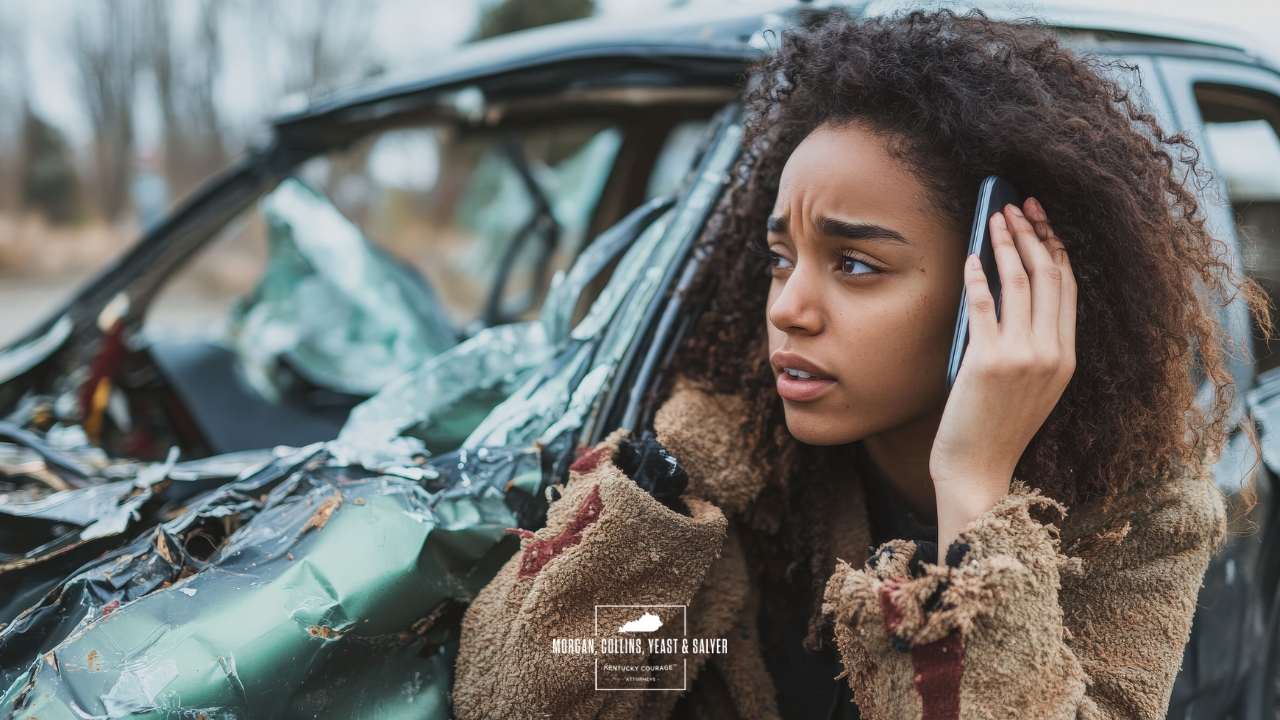 woman on the phone beside her crashed car