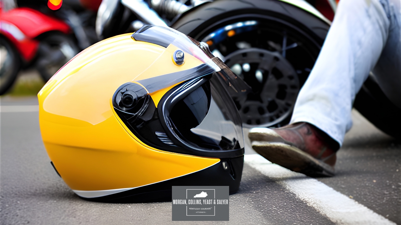 A motorcycle helmet lying on the ground beside a crashed motorcycle.